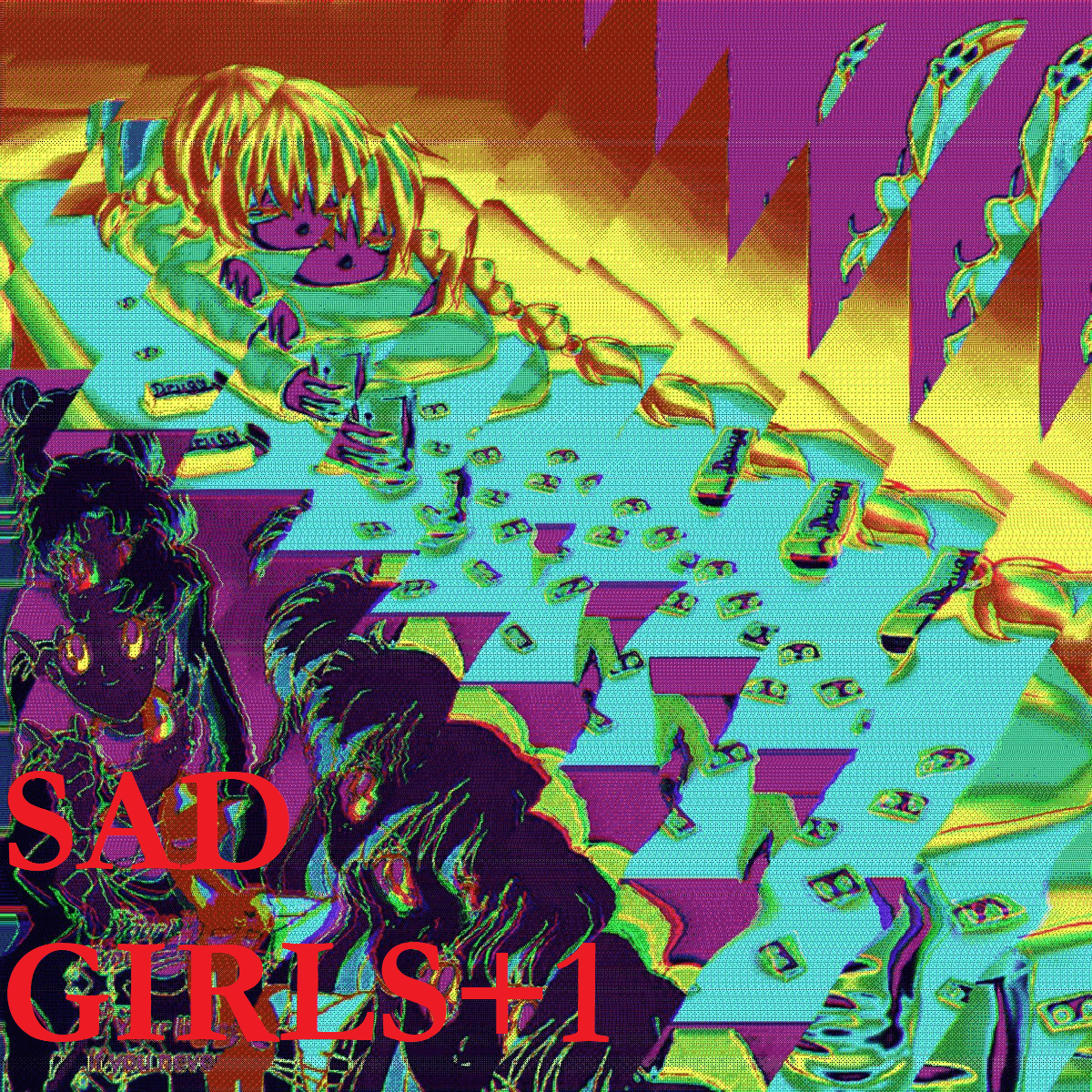 A glitchy image combining Sailor Moon, Madotsuki and Vivian James. Title SAD GIRLS+1