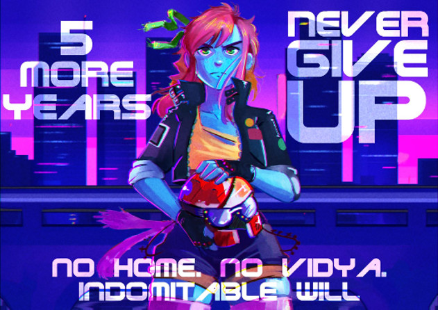 An image created to 'celebrate' the anniversary of GamerGate. It depicts Vivian James in neon colours.