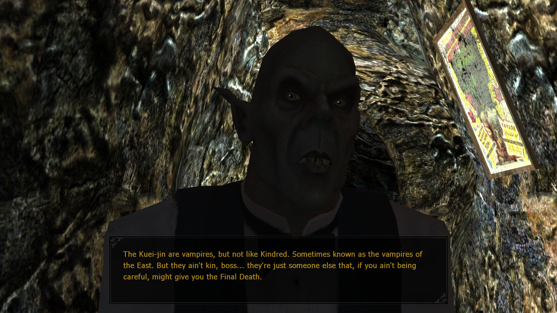Screenshot from Bloodlines. A Nosferatu in shadow tells us about the 'vampires of the east'