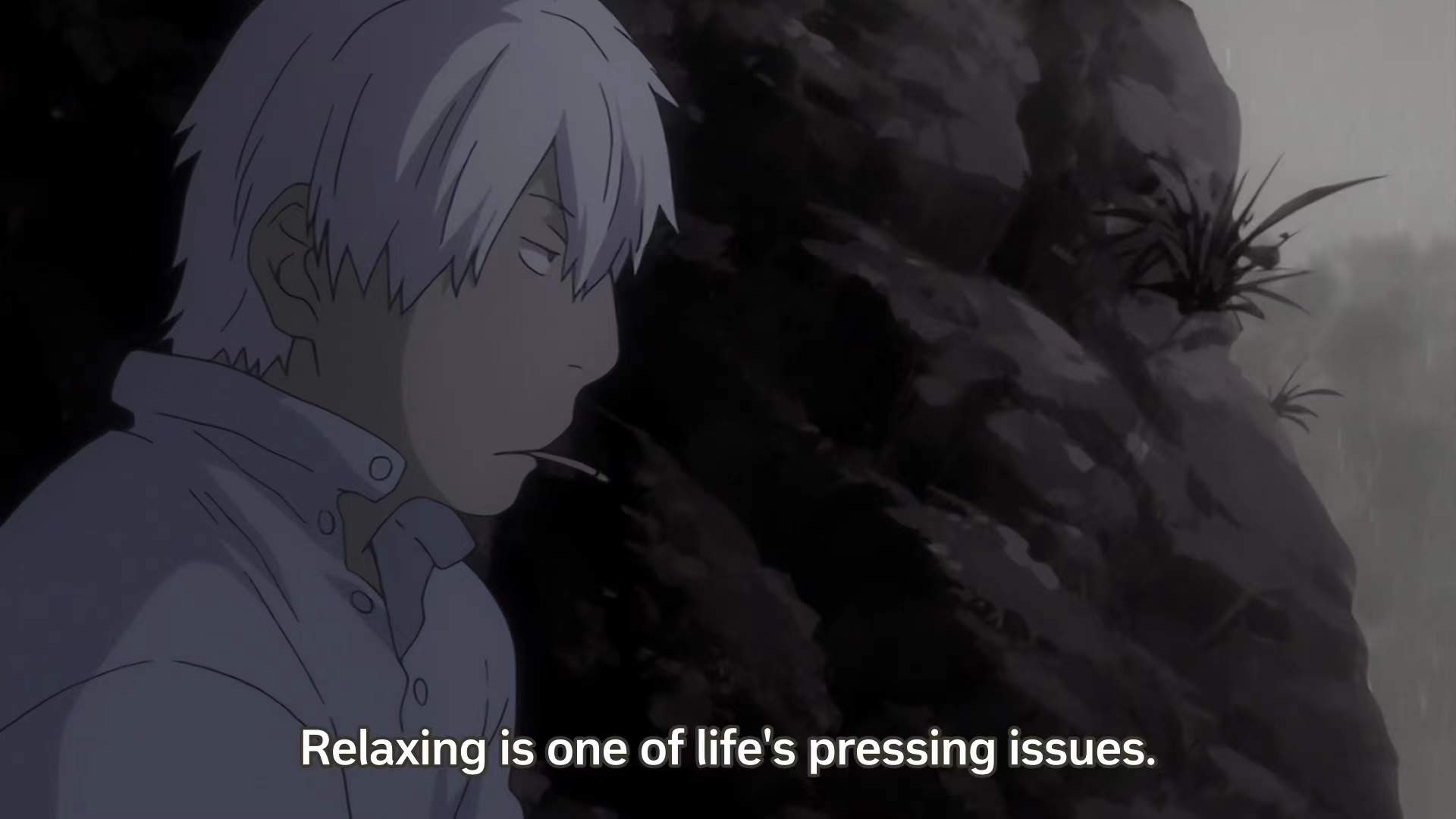 The white-haired protagonist of Mushishi, Ginko, muses that “Relaxing is one of life’s pressing issues” while smoking