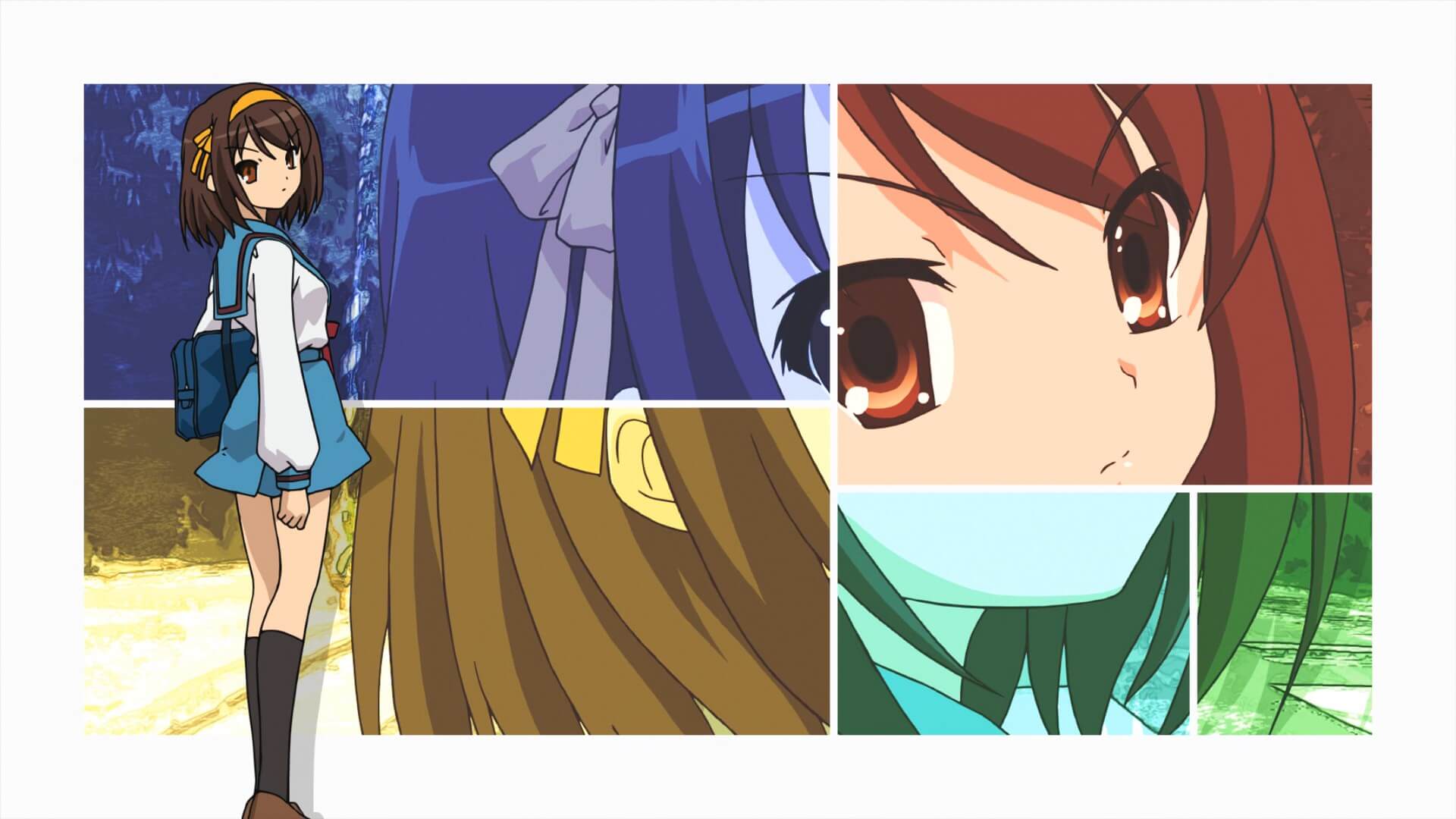 Haruhi Suzumiya gazes into the camera in the opening for her titular series.