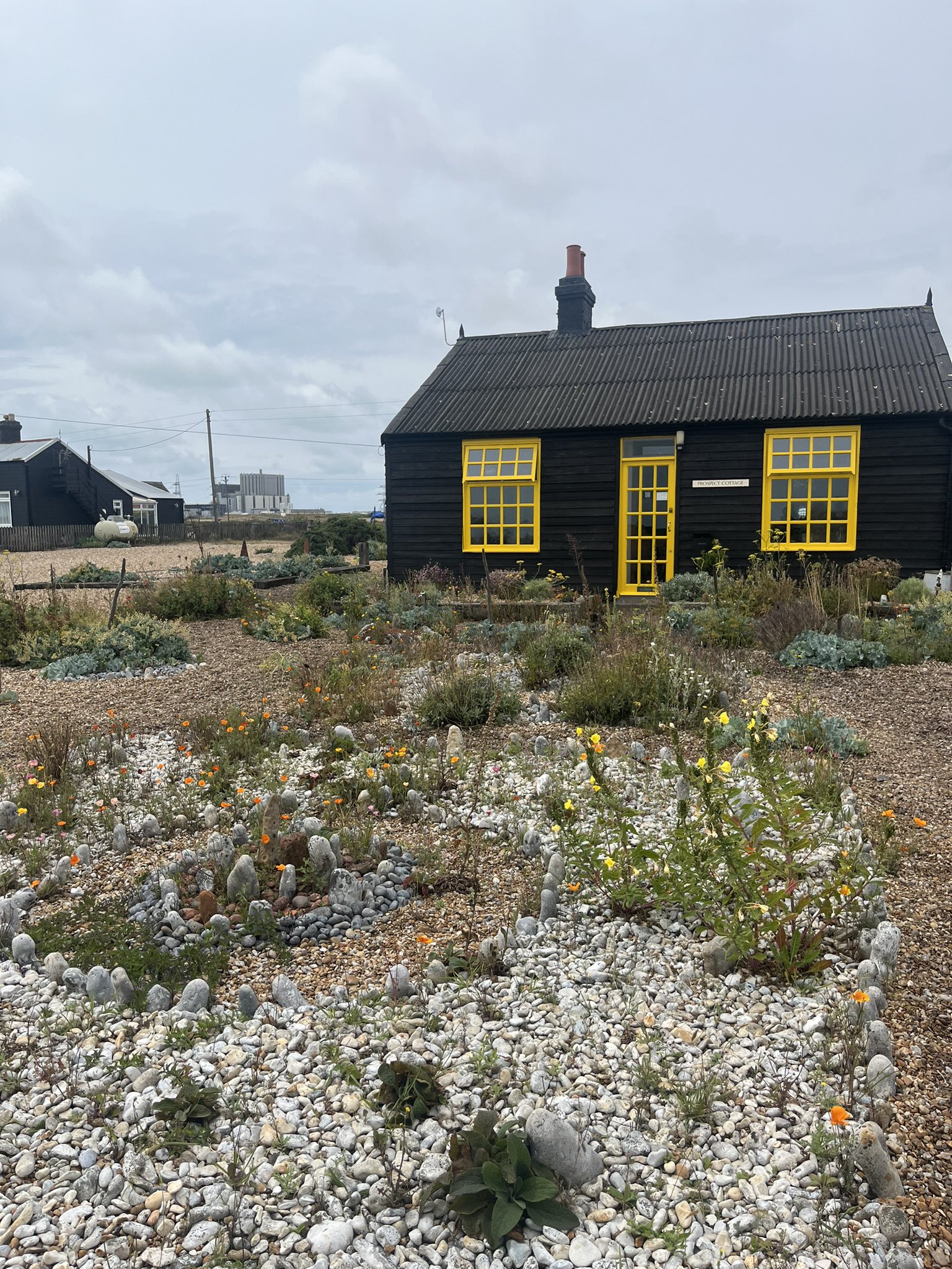Prospect Cottage, home of the late queer artist and filmmaker Derek Jarman.  A bitumen tar painted cottage with yellow windows. A garden of cactus, stone and more local flowers spreads in front of it.