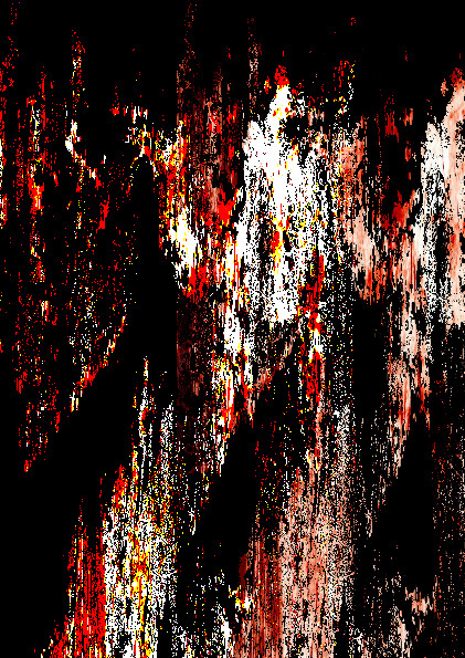 Heavily distorted repeated image of a rusty hammer layered with blood, a weird figure appearing in the haze.