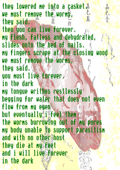 they lowered me into a casket,
we must remove the worms,
they said.
then you can live forever.
my flesh, fatless and dehydrated,
slides onto the bed of nails.
my fingers scrape at the closing wood
we must remove the worms,
they said.
you must live forever.
in the dark
my tongue writhes restlessly
begging for water that does not even flow from my eyes
but eventually i feel them
the worms burrowing out of my pores
my body unable to support parasitism 
and with no other host
they die at my feet
and i will live forever
in the dark