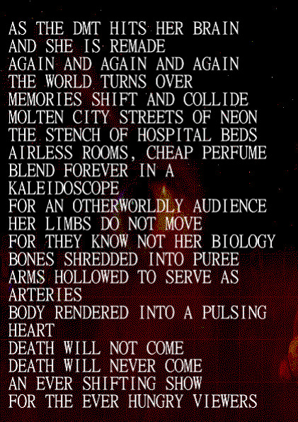 AS THE DMT HITS HER BRAIN 
AND SHE IS REMADE
AGAIN AND AGAIN AND AGAIN 
THE WORLD TURNS OVER
MEMORIES SHIFT AND COLLIDE
MOLTEN CITY STREETS OF NEON
THE STENCH OF HOSPITAL BEDS
AIRLESS ROOMS, CHEAP PERFUME
BLEND FOREVER IN A KALEIDOSCOPE
FOR AN OTHERWORLDLY AUDIENCE
HER LIMBS DO NOT MOVE
FOR THEY KNOW NOT HER BIOLOGY
BONES SHREDDED INTO PUREE
ARMS HOLLOWED TO SERVE AS ARTERIES
BODY RENDERED INTO A PULSING HEART
DEATH WILL NOT COME
DEATH WILL NEVER COME 
AN EVER SHIFTING SHOW
FOR THE EVER HUNGRY VIEWERS